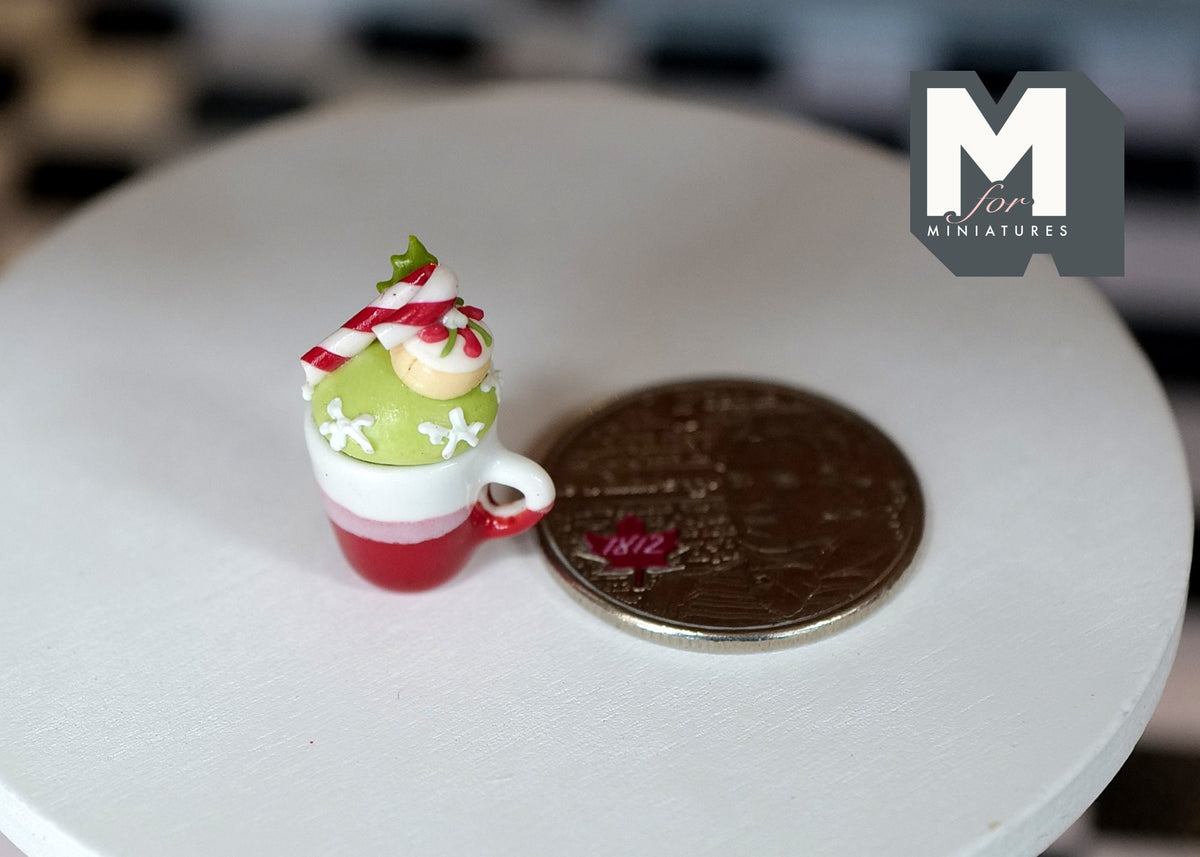 1:12 Scale Miniature Ceramic Christmas Mug with Whipped Cream and Strawberry, 7/8 inch tall, DIY Dollhouse Supply (white and red)