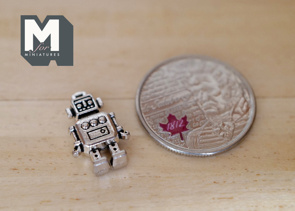 1:12 Scale Miniature Metal Retro Robot Figurine, 11/16 inch tall, DIY Dollhouse Supply (antique silver)