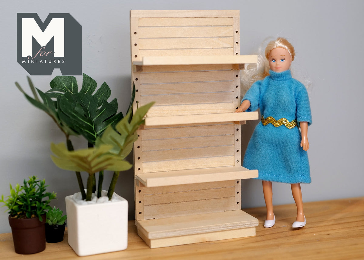1:12 Scale Miniature Unpainted Store Display Shelf Kit, Unassembled, 4 Tiers, Adjustable Shelves, 6-5/16 inch tall, DIY Dollhouse Supply
