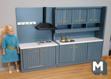 Dollhouse Kitchen Cabinet , 1:12 Scale Stove Cabinet with Range Hood and Wall Hooks, Sink Cabinet with Storage Shelves