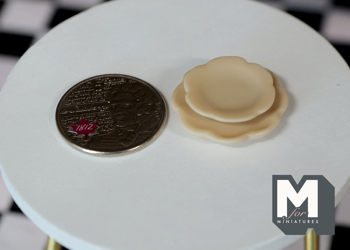 1:12 Scale Miniature Ceramic Plates, Scalloped Rim, Set of 2, 1 inch dia., DIY Dollhouse Supply (cream)
