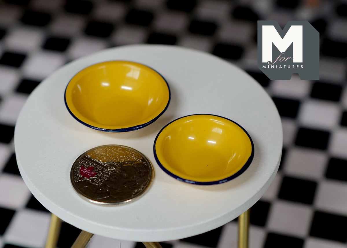 1:12 Scale Miniature Ceramic Bowls, Set of 2, 1-1/4 inch wide, DIY Dollhouse Supply (yellow)