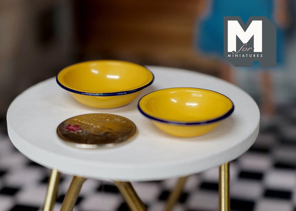 1:12 Scale Miniature Ceramic Bowls, Set of 2, 1-1/4 inch wide, DIY Dollhouse Supply (yellow)