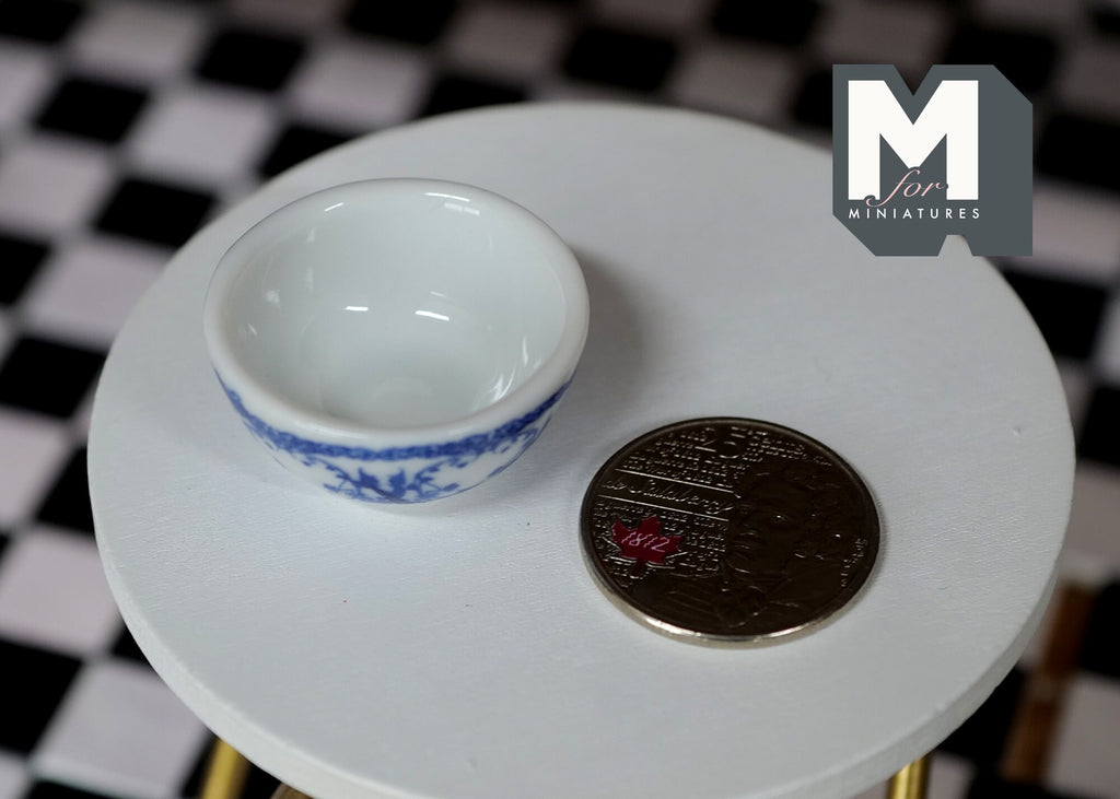 1:12 Scale Miniature Ceramic Bowl, Blue Floral Pattern, 1-3/16 inch dia., DIY Dollhouse Supply