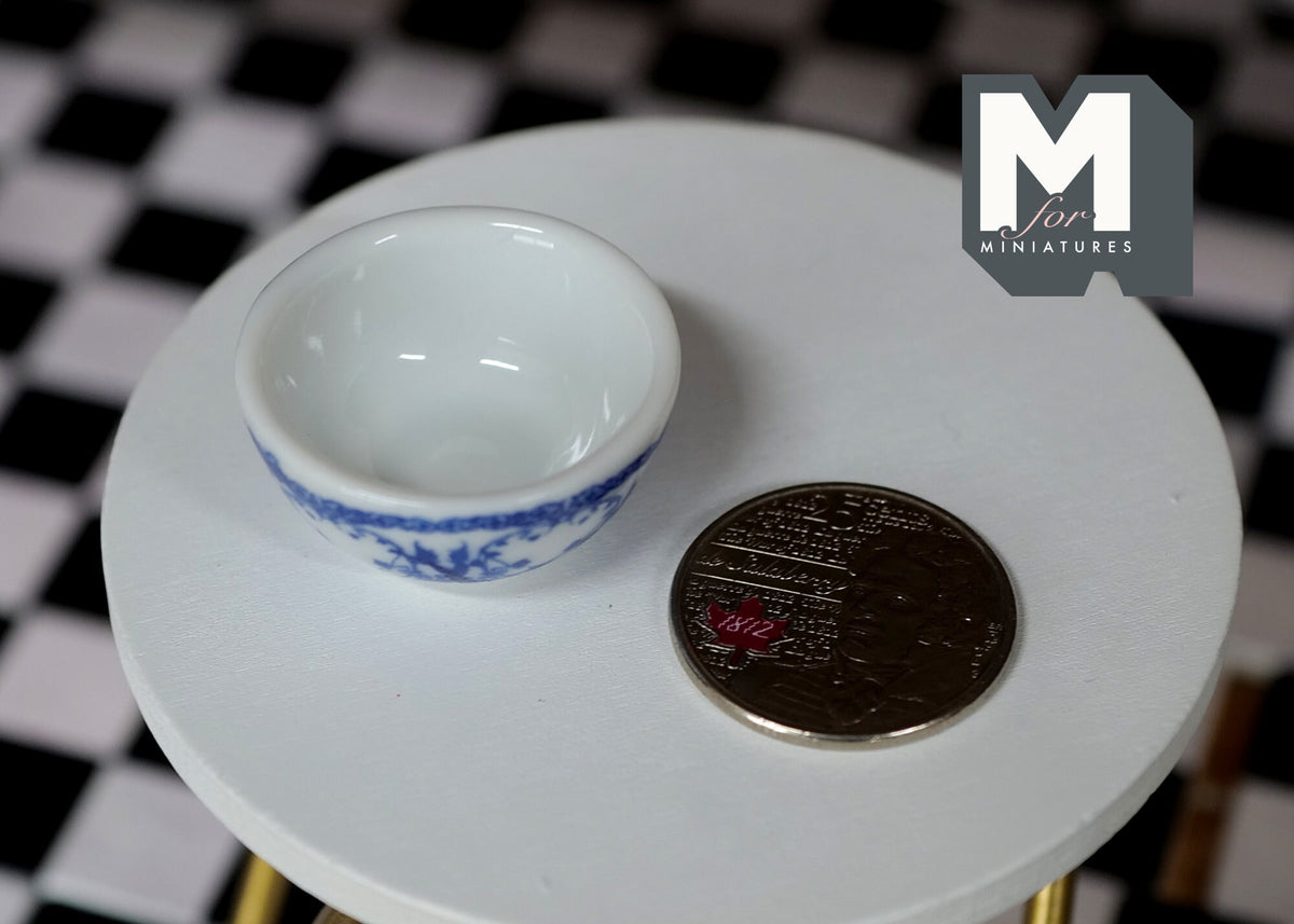 1:12 Scale Miniature Ceramic Bowl, Blue Floral Pattern, 1-3/16 inch dia., DIY Dollhouse Supply