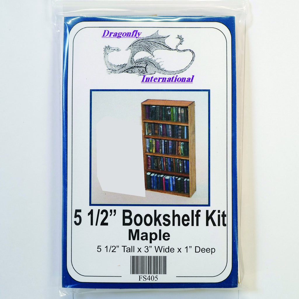 1:12 scale miniature maple wood bookcase kit with 5 shelves, shown in its retail package with a picture of the filled bookcase