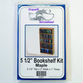 1:12 scale miniature maple wood bookcase kit with 5 shelves, shown in its retail package with a picture of the filled bookcase