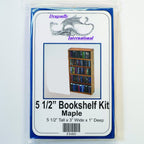 1:12 scale miniature maple wood bookcase kit with 5 shelves, shown in its retail package with a picture of the filled bookcase