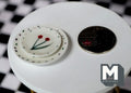 1:12 scale miniature ceramic plates, large and medium set of 2, white with red flowers and dotted rim, beside a coin