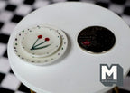 1:12 scale miniature ceramic plates, large and medium set of 2, white with red flowers and dotted rim, beside a coin