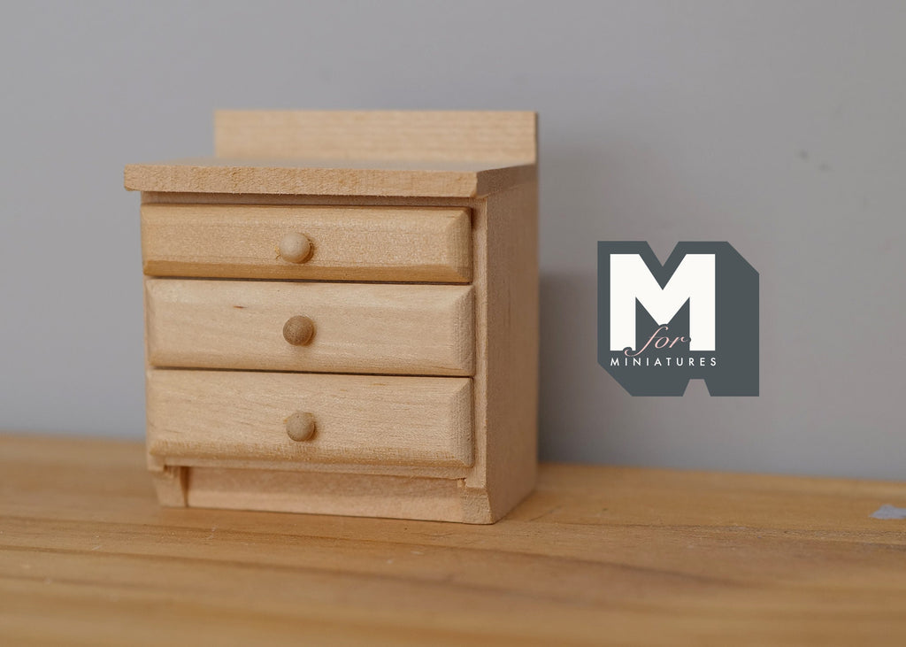 1:12 Scale Miniature Unpainted Wood Nightstand, 3 Drawers, 2-3/8 inch tall, DIY Dollhouse Supply