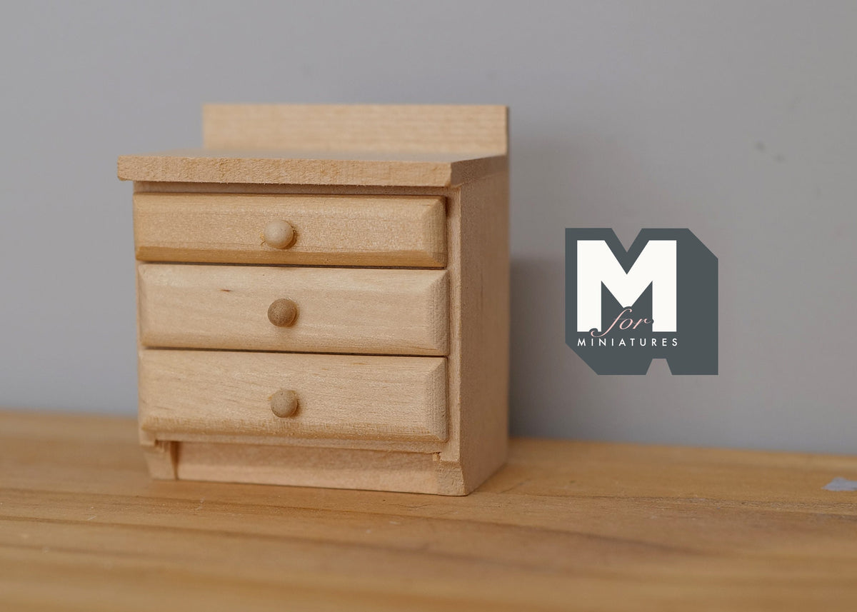 1:12 Scale Miniature Unpainted Wood Nightstand, 3 Drawers, 2-3/8 inch tall, DIY Dollhouse Supply