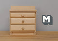 1:12 scale miniature unpainted wood nightstand with 3 drawers and round knobs, shown against a gray wall