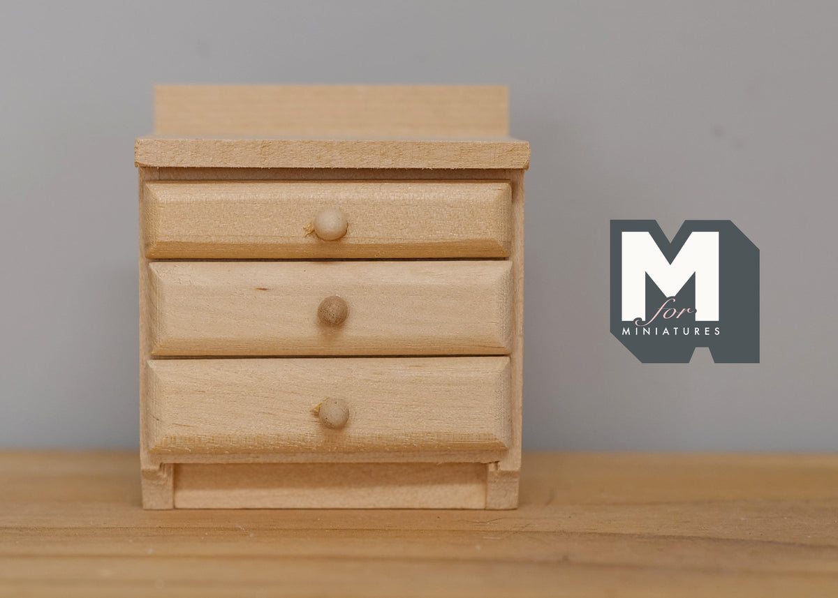 1:12 Scale Miniature Unpainted Wood Nightstand, 3 Drawers, 2-3/8 inch tall, DIY Dollhouse Supply