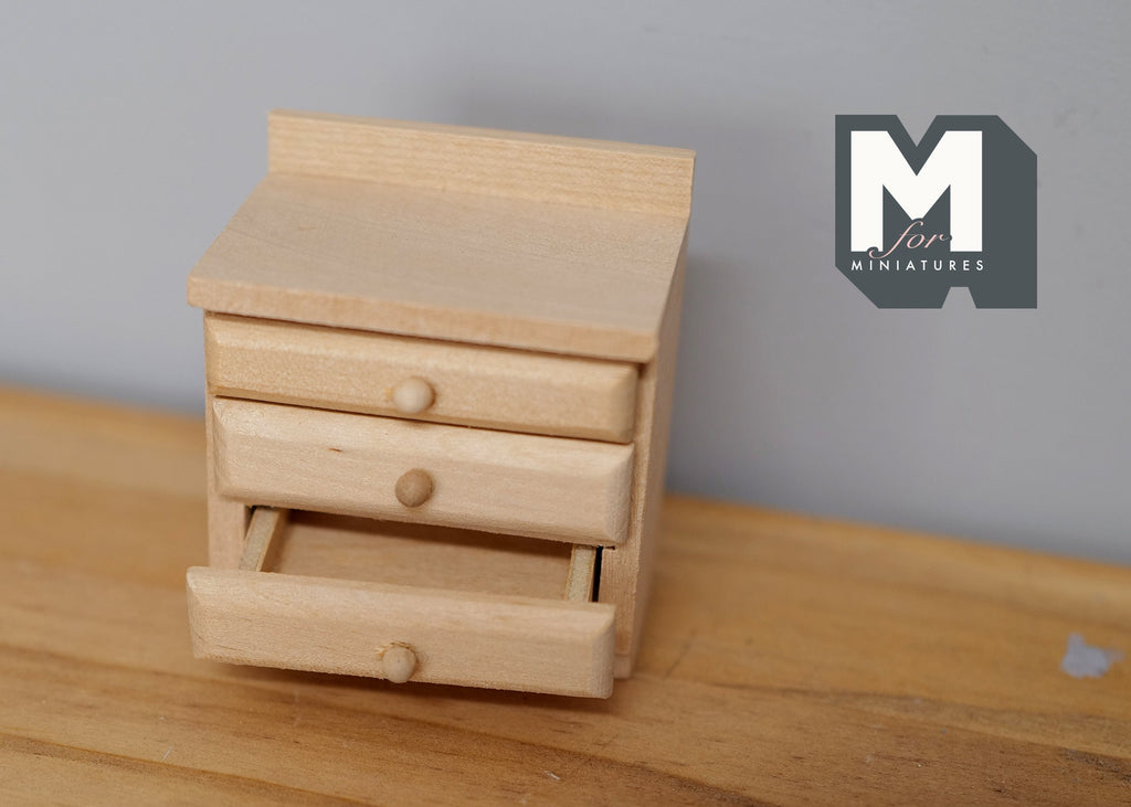 1:12 Scale Miniature Unpainted Wood Nightstand, 3 Drawers, 2-3/8 inch tall, DIY Dollhouse Supply