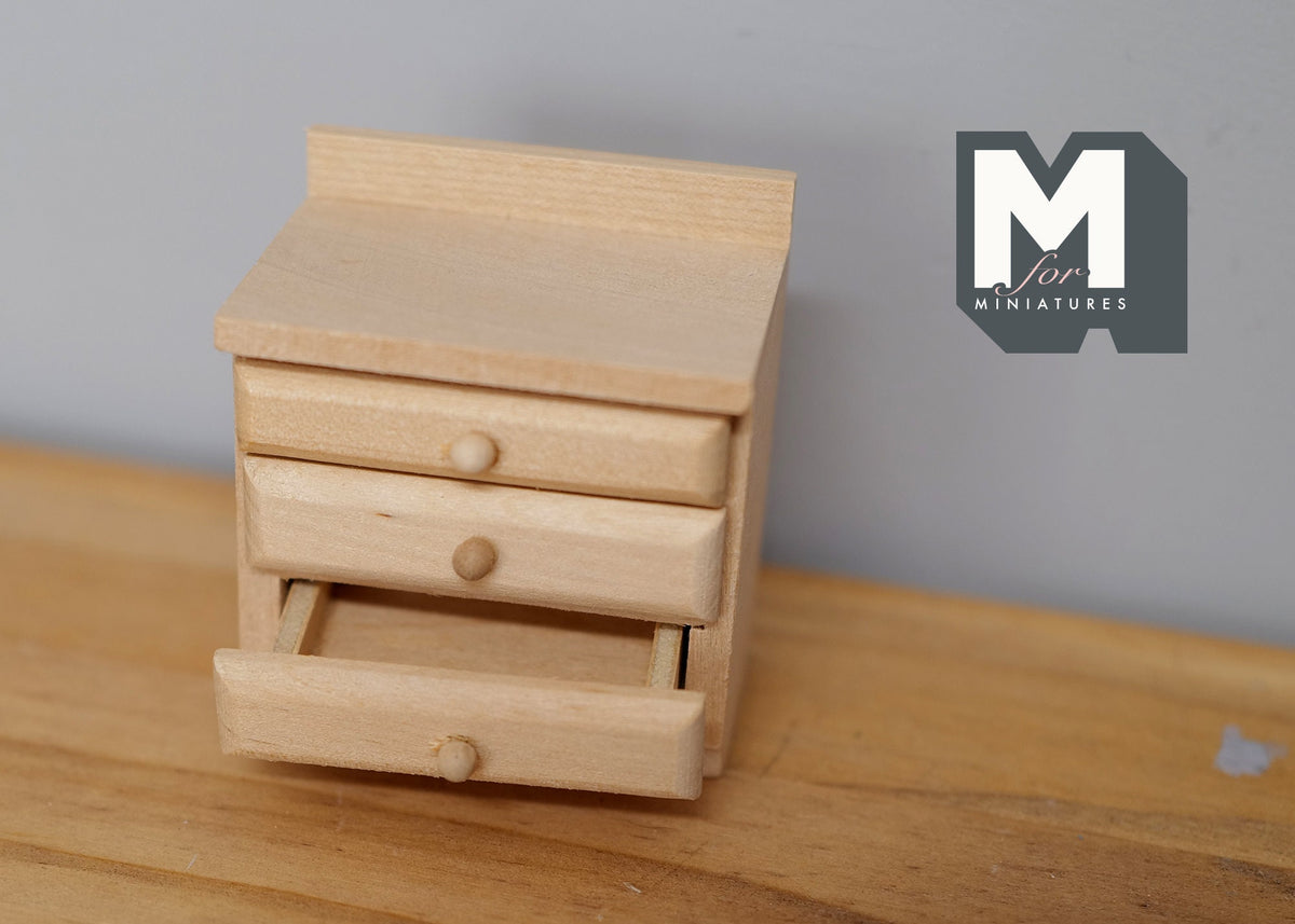 1:12 Scale Miniature Unpainted Wood Nightstand, 3 Drawers, 2-3/8 inch tall, DIY Dollhouse Supply