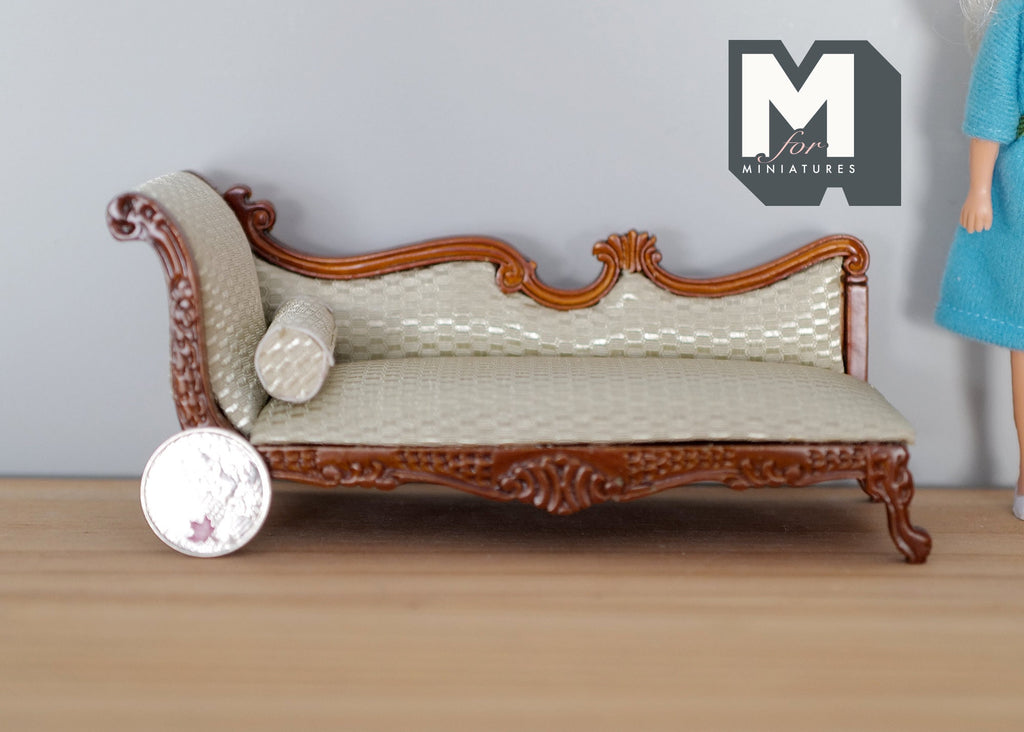 1:12 Scale Miniature Upholstered Chaise Lounge with Bolster Pillow, Carved Frame, 5-7/8 inch long, DIY Dollhouse Supply (cream and brown)