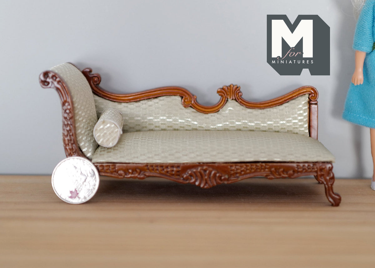 1:12 Scale Miniature Upholstered Chaise Lounge with Bolster Pillow, Carved Frame, 5-7/8 inch long, DIY Dollhouse Supply (cream and brown)