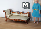 1:12 Scale Miniature Upholstered Chaise Lounge with Bolster Pillow, Carved Frame, 5-7/8 inch long, DIY Dollhouse Supply (cream and brown)