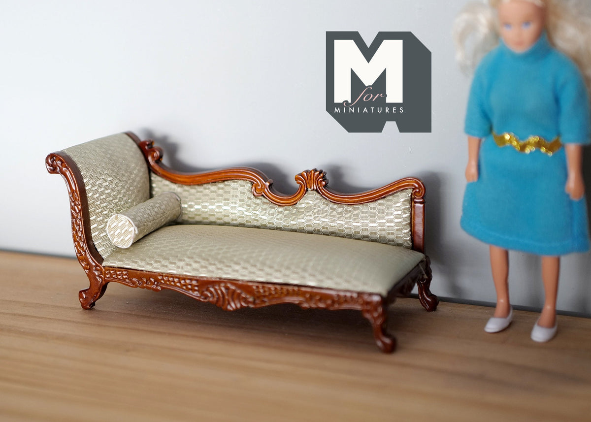 1:12 Scale Miniature Upholstered Chaise Lounge with Bolster Pillow, Carved Frame, 5-7/8 inch long, DIY Dollhouse Supply (cream and brown)