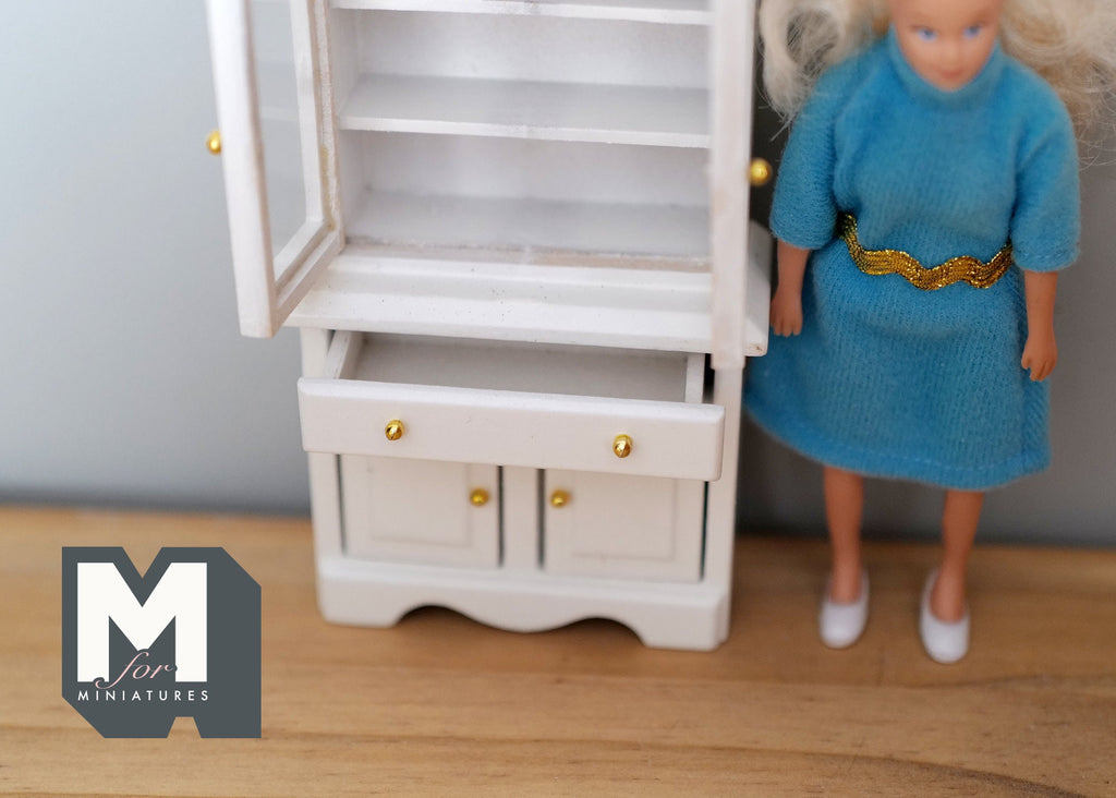 1:12 Scale Miniature Kitchen Hutch, Glass Panel Upper Doors, 2 Drawers, 5-1/2 inch tall, DIY Dollhouse Supply (white)