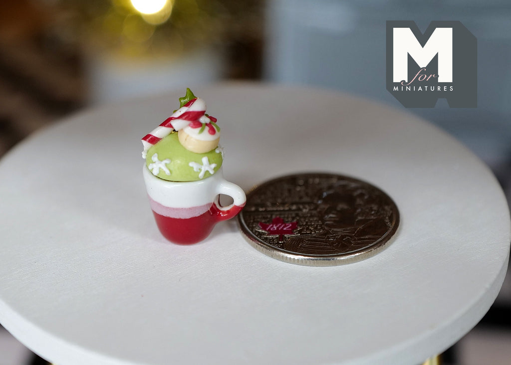 1:12 Scale Miniature Ceramic Christmas Mug with Whipped Cream and Strawberry, 7/8 inch tall, DIY Dollhouse Supply (white and red)