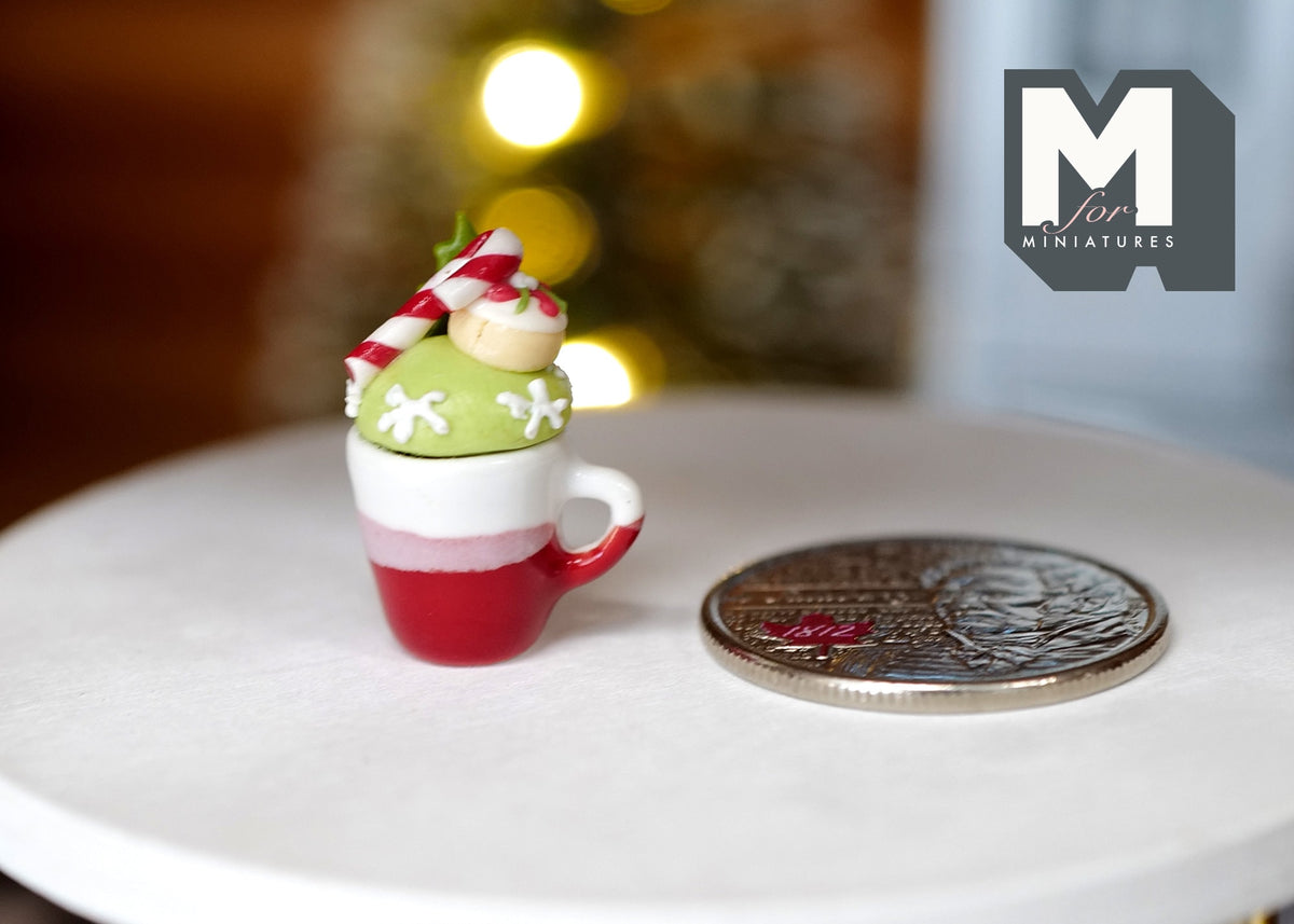 1:12 Scale Miniature Ceramic Christmas Mug with Whipped Cream and Strawberry, 7/8 inch tall, DIY Dollhouse Supply (white and red)