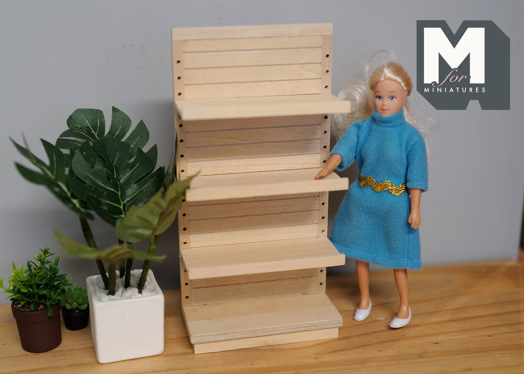Kit d'étagère de présentation de magasin miniature à l'échelle 1:12, non peint, non assemblé, 4 niveaux, étagères réglables, 16 cm de hauteur, accessoire de maison de poupée à monter soi-même
