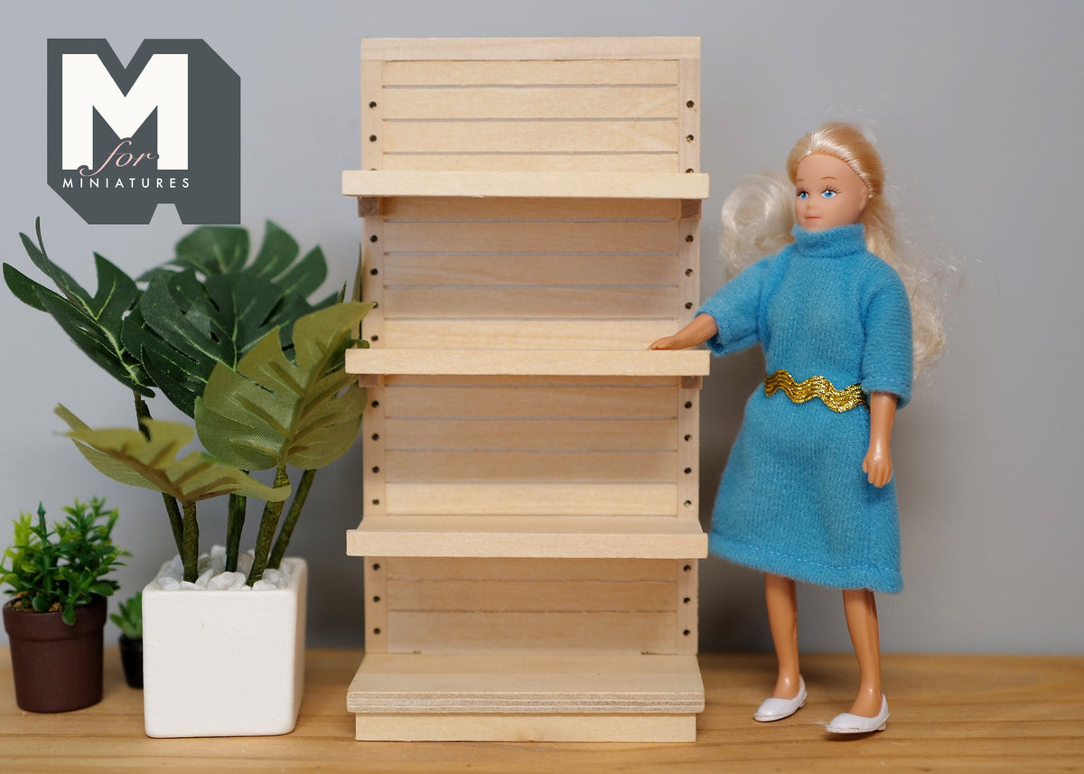 1:12 Scale Miniature Unpainted Store Display Shelf Kit, Unassembled, 4 Tiers, Adjustable Shelves, 6-5/16 inch tall, DIY Dollhouse Supply