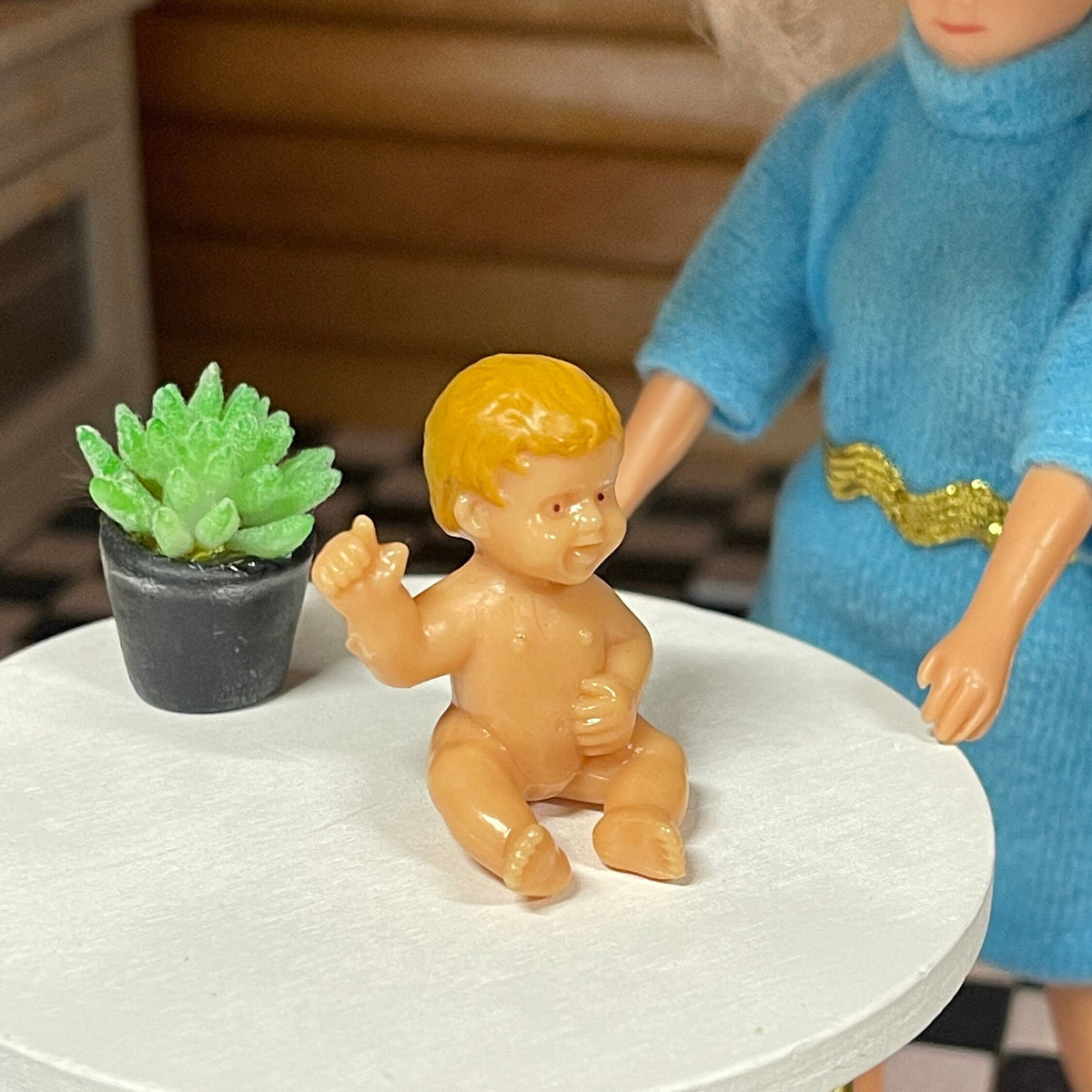 1:12 Scale Miniature Resin Baby Figurine, Sitting and Waving, 1-1/8 inch tall, DIY Dollhouse Supply