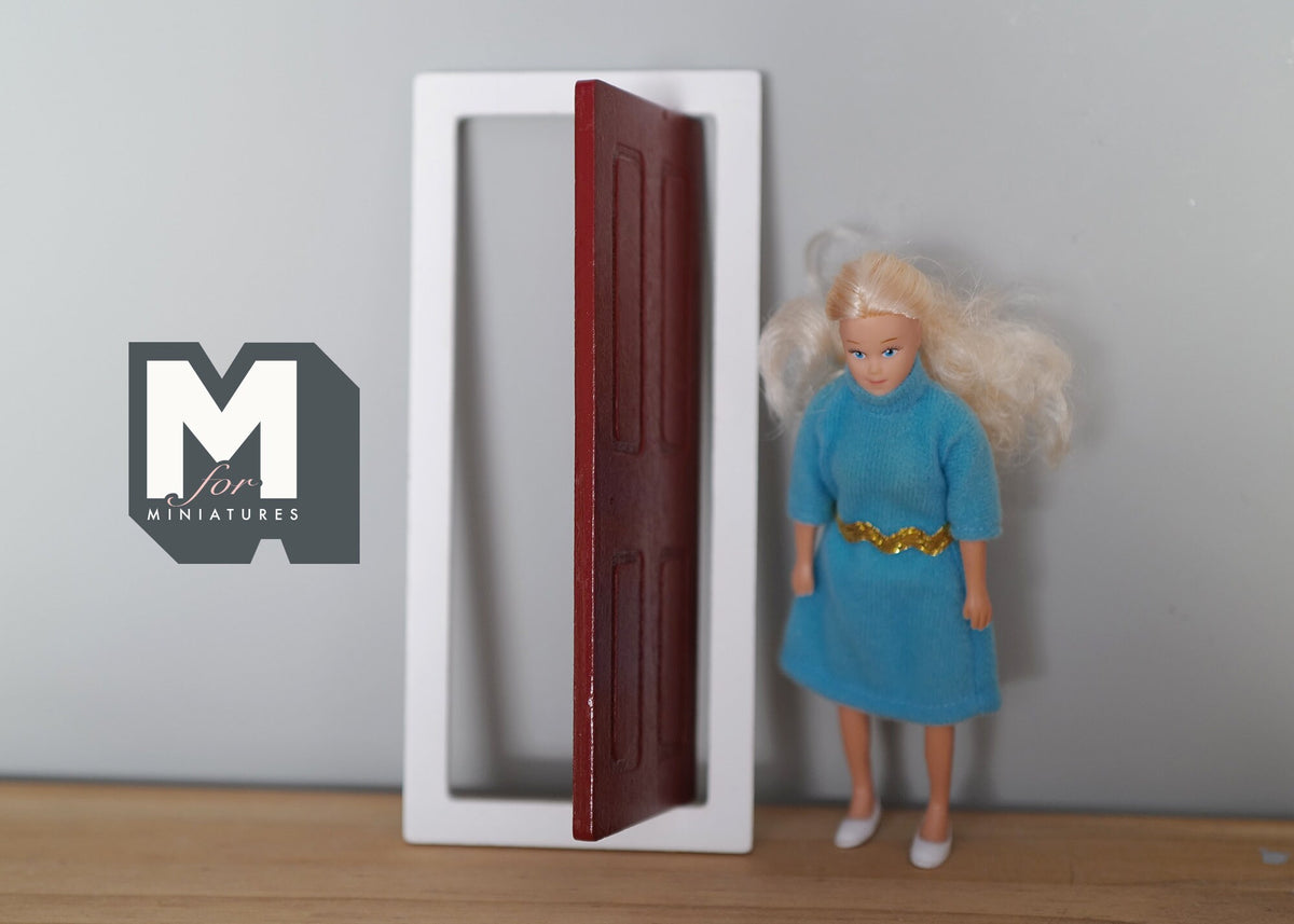 1:12 Scale Miniature Wood 6 Panel Door with Key, Knob, Knocker and Mail Slot, Set of 5, 7 inch high, DIY Dollhouse Supply (burgundy)