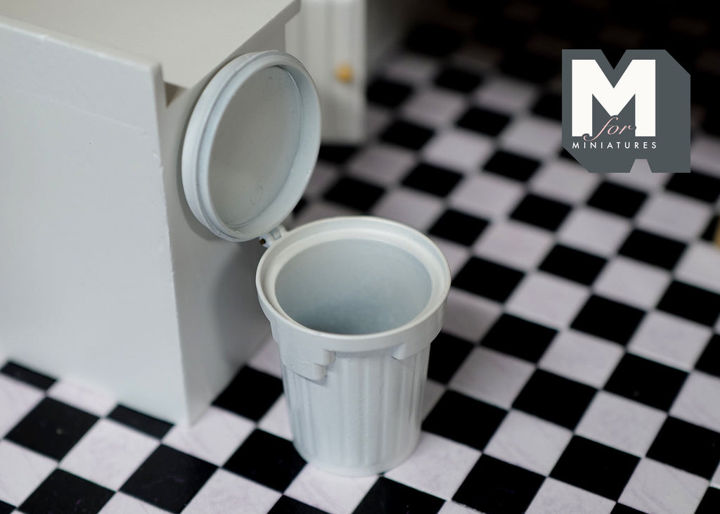 1:12 Scale Miniature Metal Garbage Can with Lid, 2 inch tall, DIY Dollhouse Supply (white)