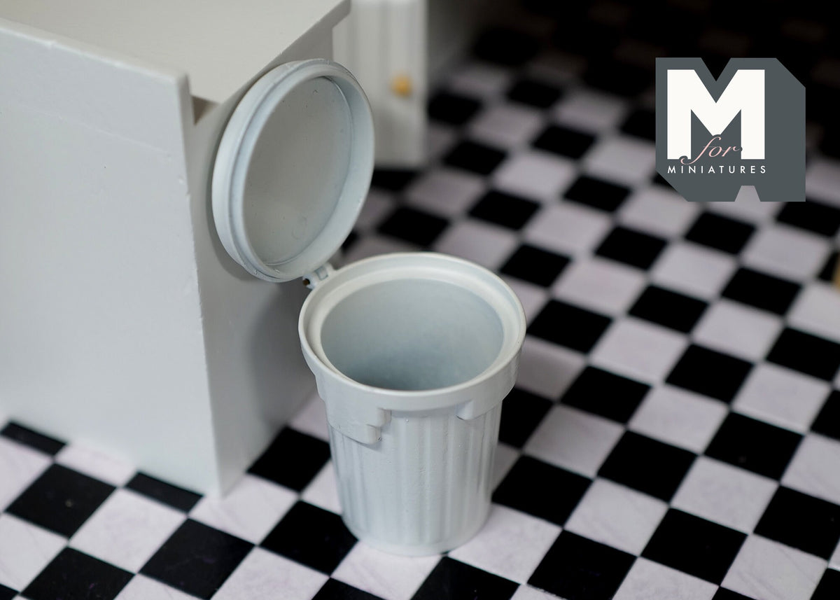1:12 Scale Miniature Metal Garbage Can with Lid, 2 inch tall, DIY Dollhouse Supply (white)