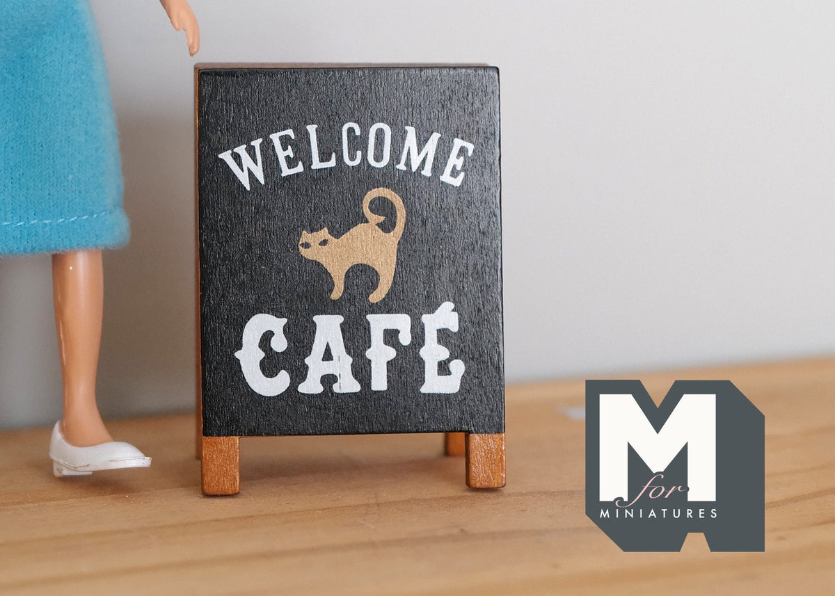 1:12 Scale Miniature Cafe Folding Floor Sign, Welcome Cafe with Cat Drawing, 3-1/8 inch tall, DIY Dollhouse Supply