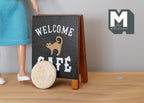 Schaal 1:12 miniatuur inklapbaar café-stoepbord, Welcome Cafe met kattentekening, 3-1/8 inch hoog, DIY-poppenhuisbenodigdheden