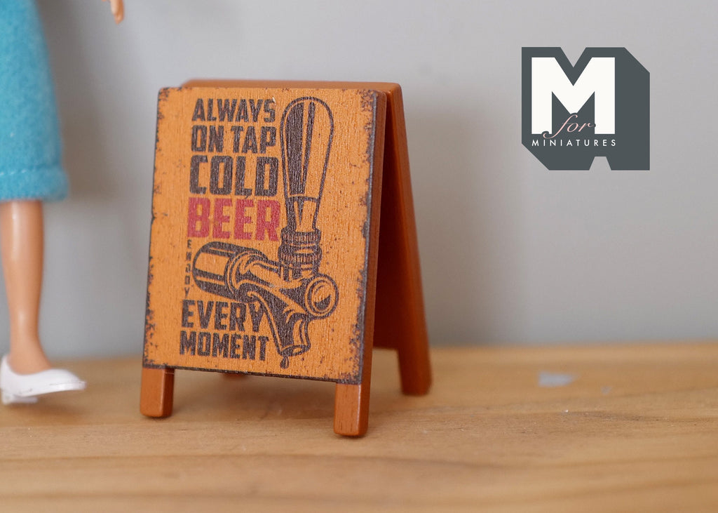 1:12 Scale Miniature Pub Folding Floor Sign, Beer Illustration, 2-1/16 inch tall, DIY Dollhouse Supply (wood)