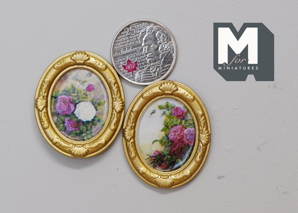 1:12 Scale Miniature Flower Vase Paintings in Oval Gold Frames, Set of 2, 1-1/2 inch tall, DIY Dollhouse Supply