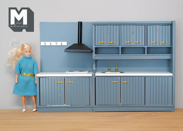 Dollhouse Kitchen Cabinet , 1:12 Scale Stove Cabinet with Range Hood and Wall Hooks, Sink Cabinet with Storage Shelves