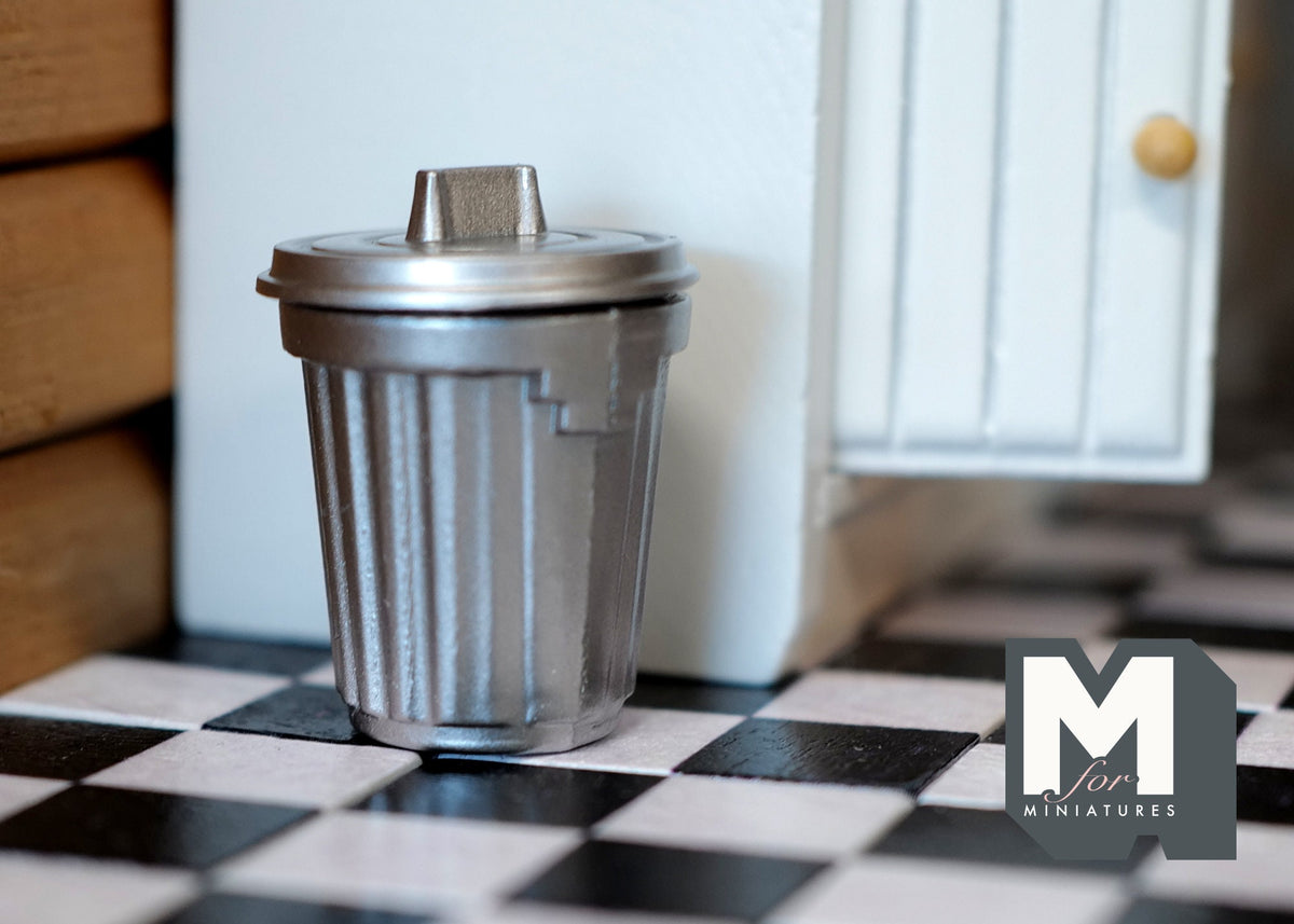 1:12 Scale Miniature Metal Garbage Can with Lid, 1-3/8 inch tall, DIY Dollhouse Supply (silver) (small)