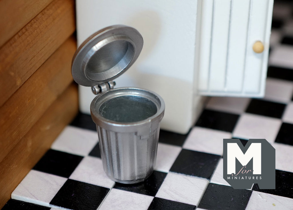1:12 Scale Miniature Metal Garbage Can with Lid, 1-3/8 inch tall, DIY Dollhouse Supply (silver) (small)