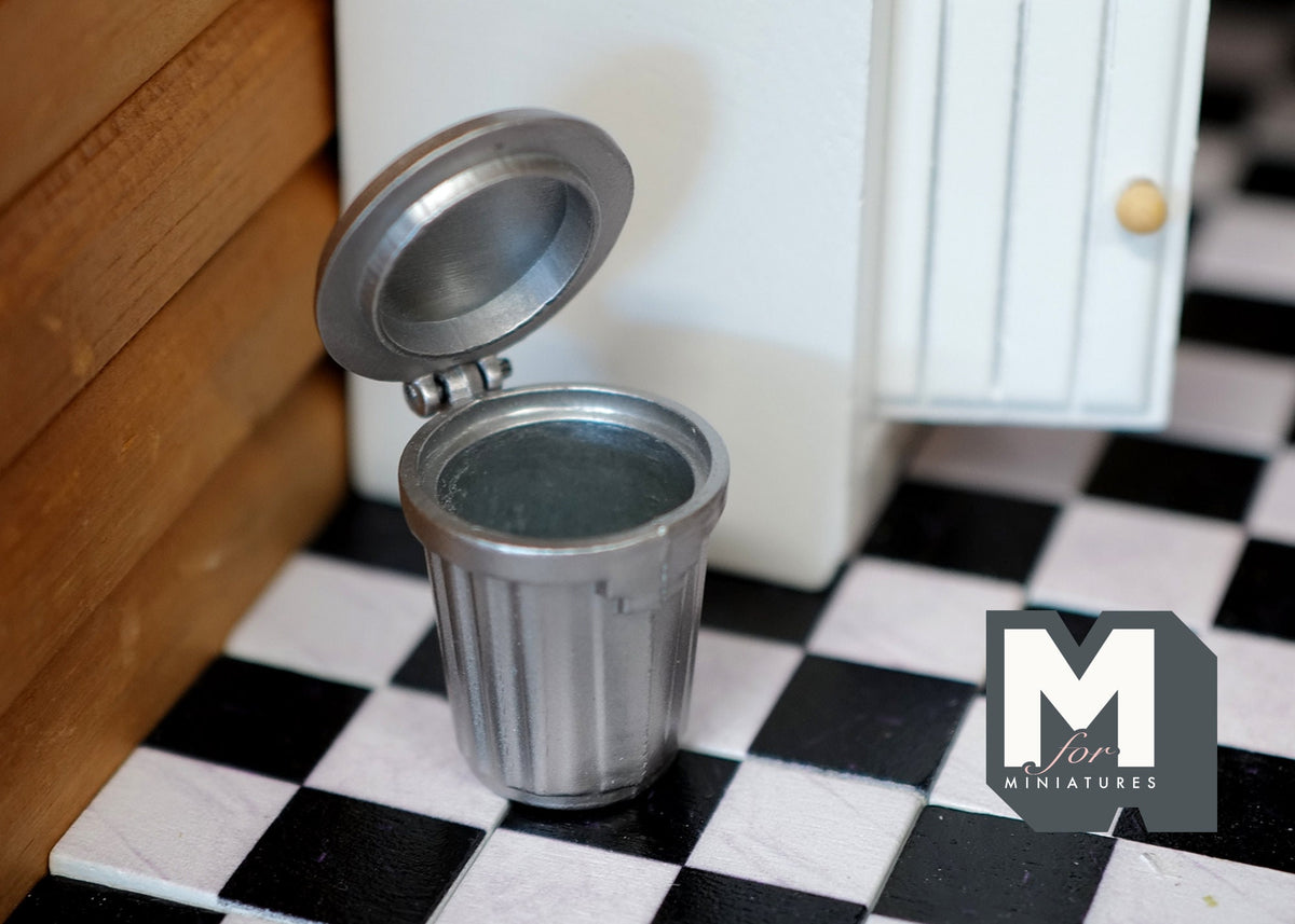 1:12 Scale Miniature Metal Garbage Can with Lid, 1-3/8 inch tall, DIY Dollhouse Supply (silver) (small)