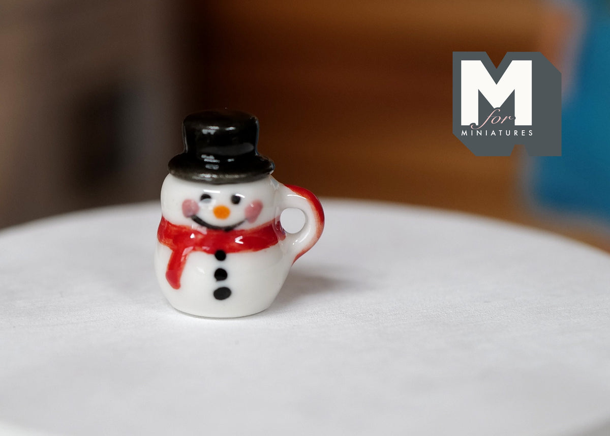 1:12 Scale Miniature Ceramic Christmas Snowman Mug with Top Hat Lid, 13/16 inch tall, DIY Dollhouse Supply