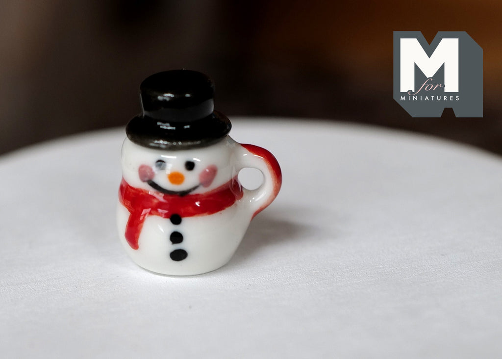 1:12 Scale Miniature Ceramic Christmas Snowman Mug with Top Hat Lid, 13/16 inch tall, DIY Dollhouse Supply