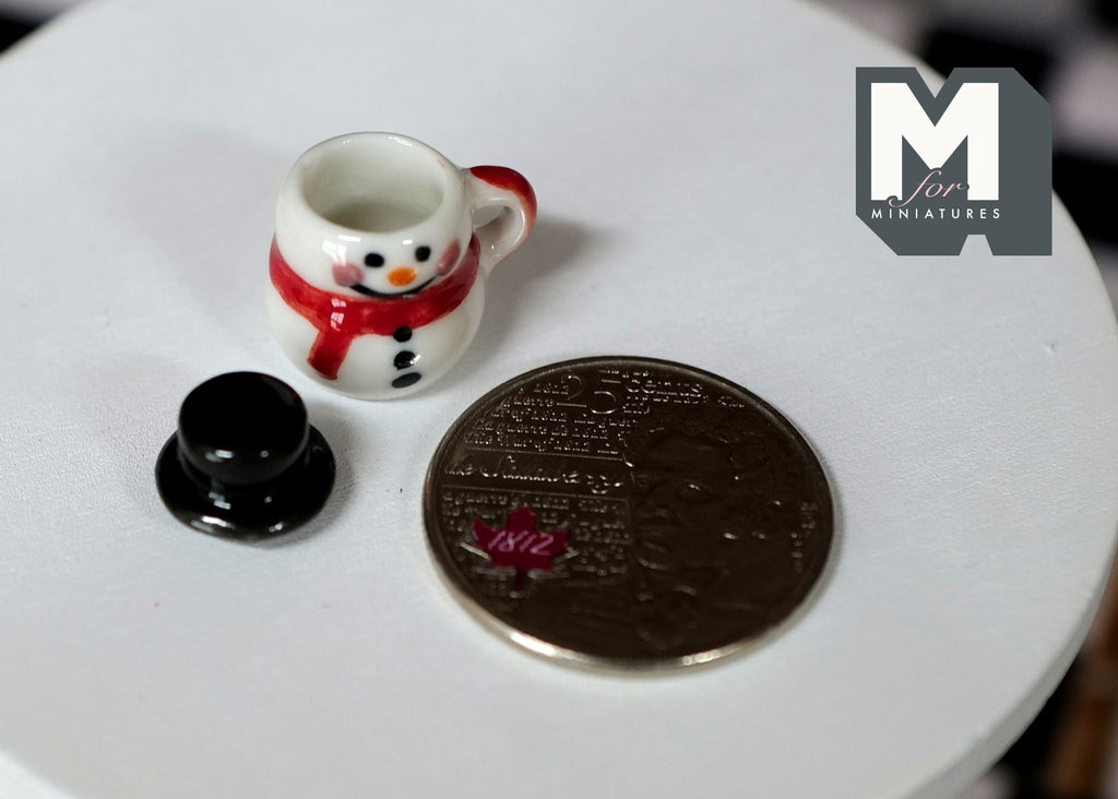 1:12 Scale Miniature Ceramic Christmas Snowman Mug with Top Hat Lid, 13/16 inch tall, DIY Dollhouse Supply