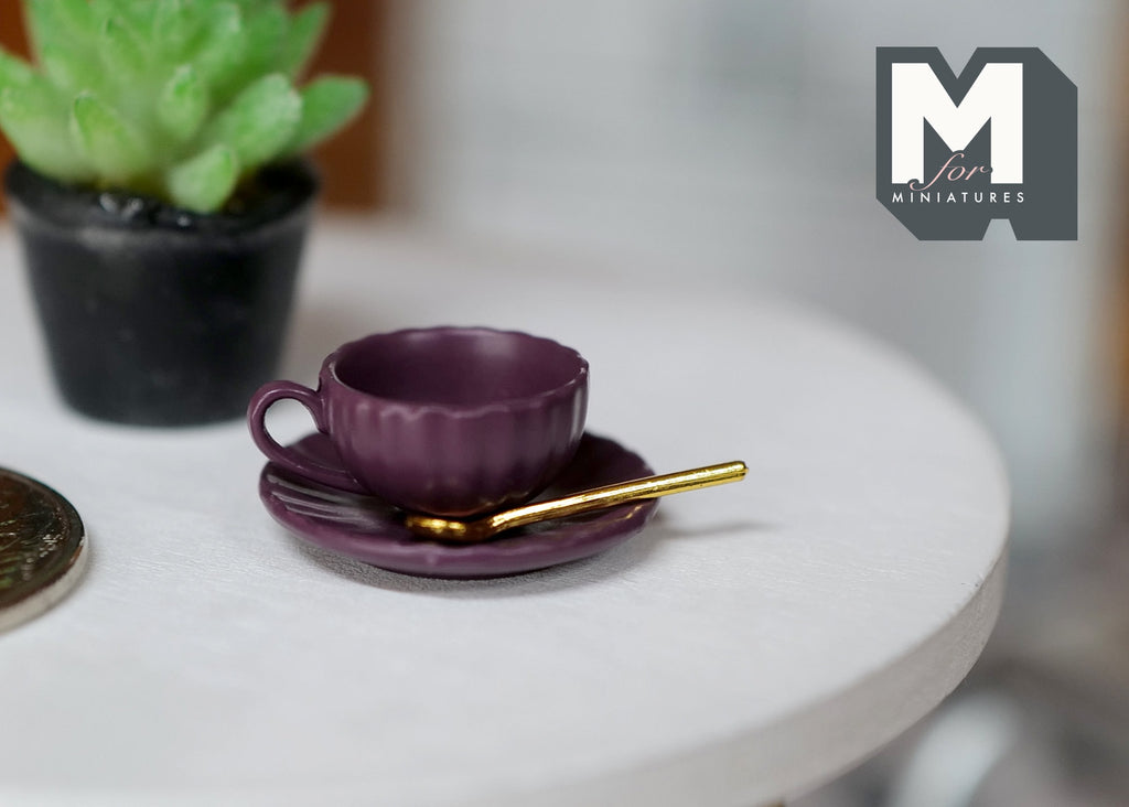 1:12 Scale Miniature Cup and Saucer with Spoon, Set of 3, 11/16 inch dia., DIY Dollhouse Supply (purple) (large)