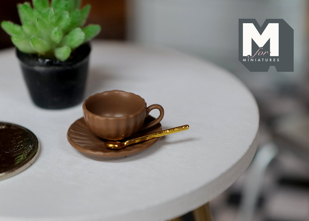 Miniature Cup Saucer and Spoon Set 1:12 Scale Dollhouse Drinkware Set of 3 (brown) (large) (metal) - F077