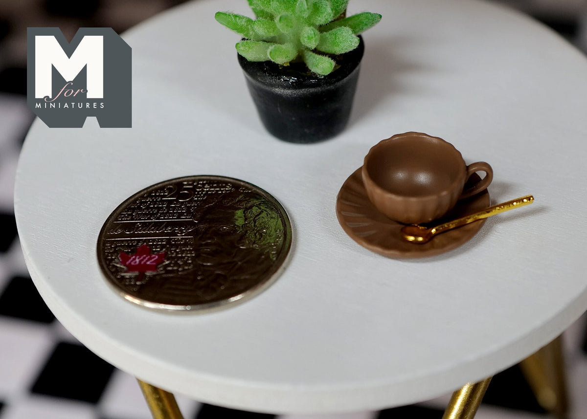Miniature Cup Saucer and Spoon Set 1:12 Scale Dollhouse Drinkware Set of 3 (brown) (large) (metal) - F077