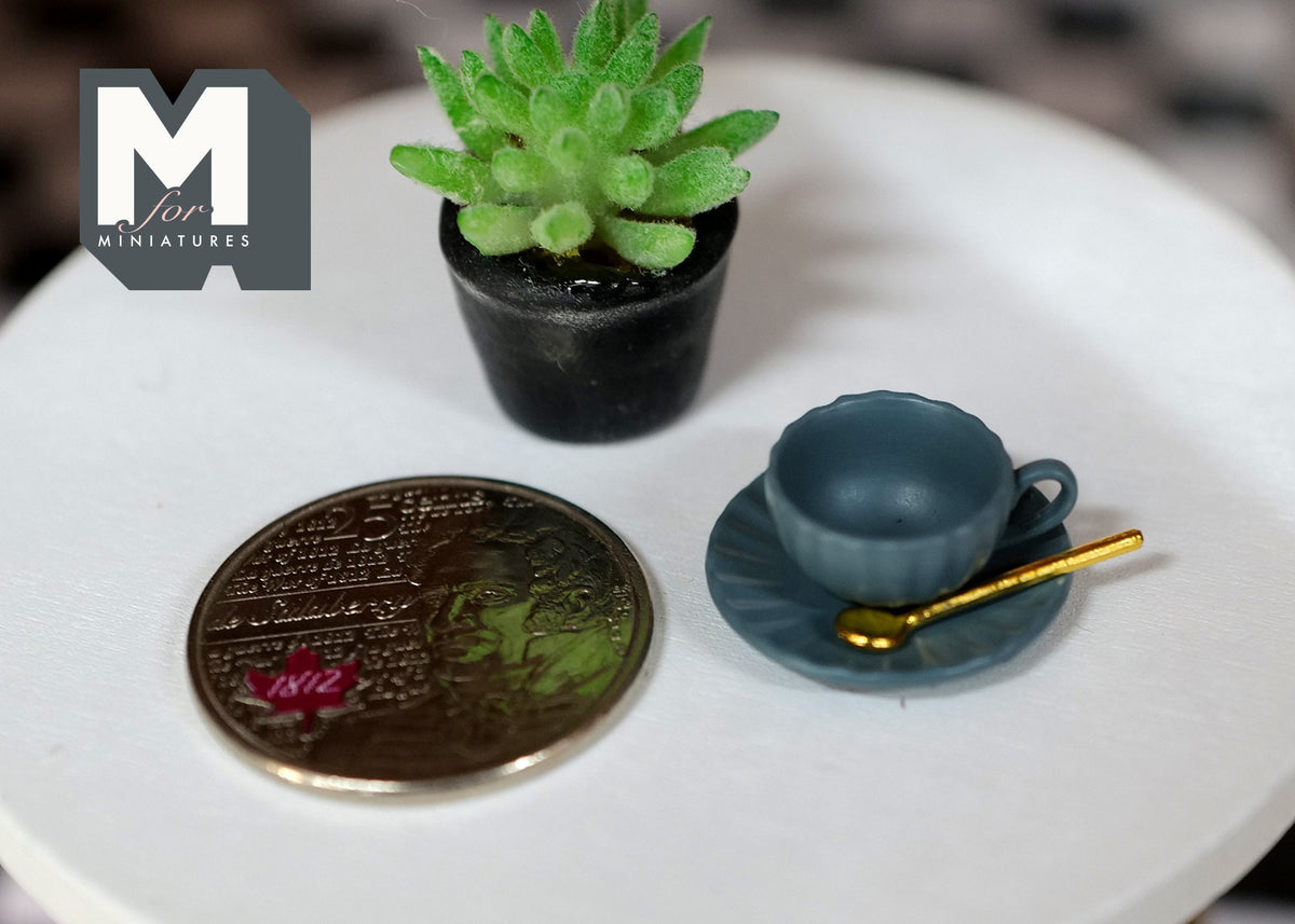 1:12 Scale Miniature Cup and Saucer with Spoon, Set of 3, 11/16 inch dia., DIY Dollhouse Supply (blue) (large)