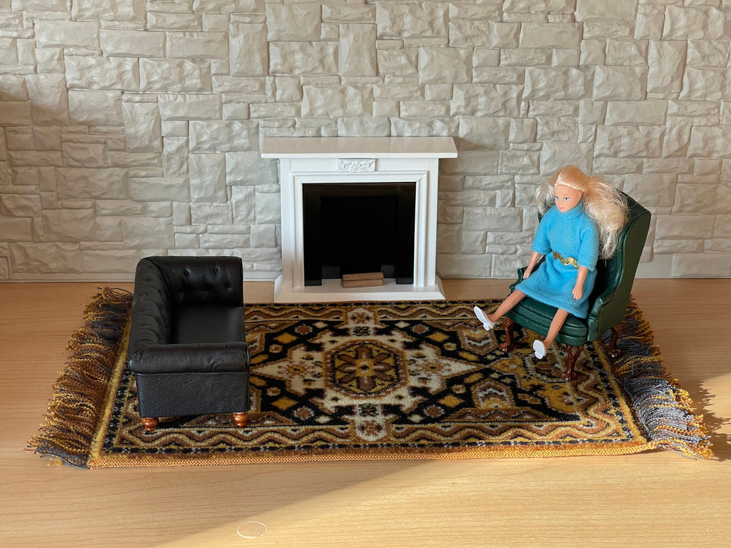 1:12 Scale Miniature Wool Medallion Area Rug with Fringe, 15 x 9 inch, DIY Dollhouse Supply (black and gold)