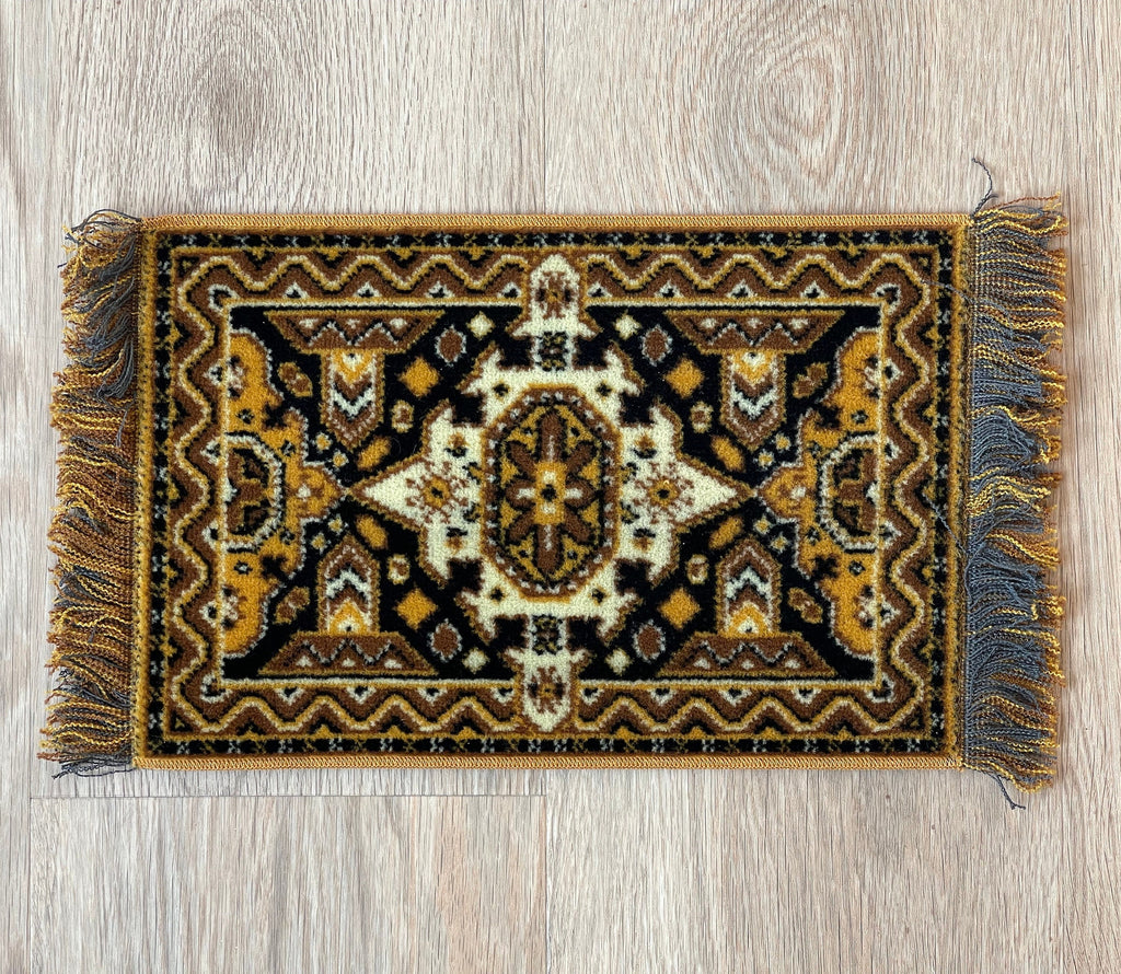 1:12 Scale Miniature Wool Medallion Area Rug with Fringe, 15 x 9 inch, DIY Dollhouse Supply (black and gold)